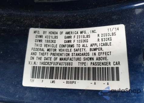 2015 Honda Accord Sport from USA, damaged, VIN 1HGCR2F50FA075660